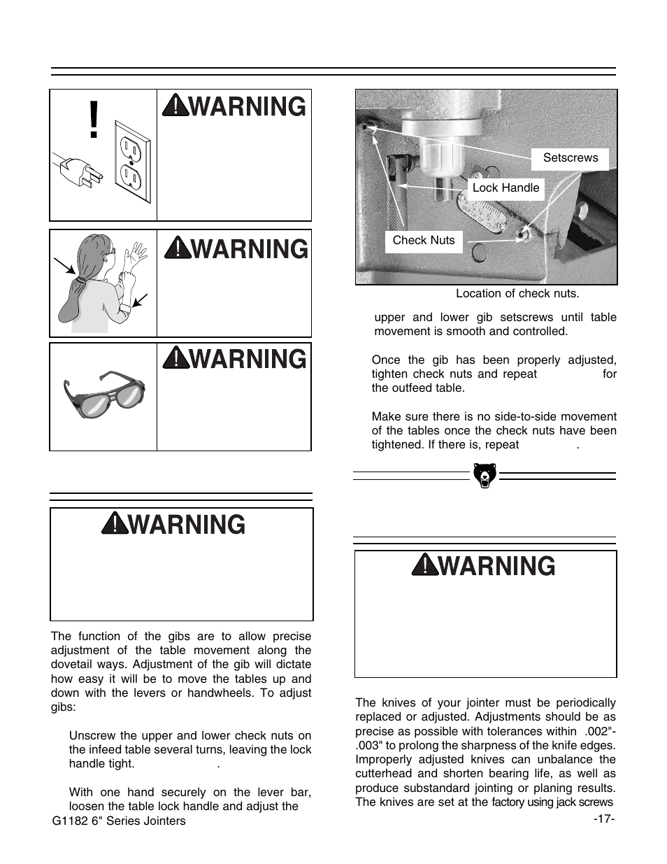 Table gibs, Knives | Grizzly G1182HW User Manual | Page 19 / 44