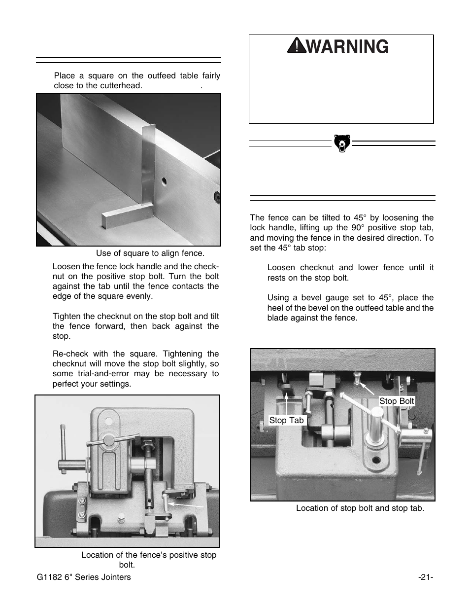 90° fence stop, 45° fence stop | Grizzly G1182HW User Manual | Page 23 / 44