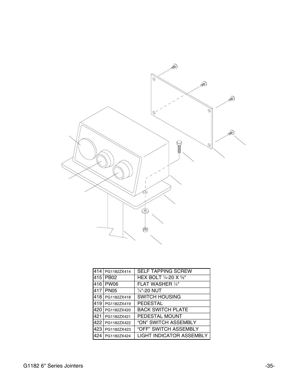 Pedestal mounted switch for jointer model g1182zx | Grizzly G1182HW User Manual | Page 37 / 44