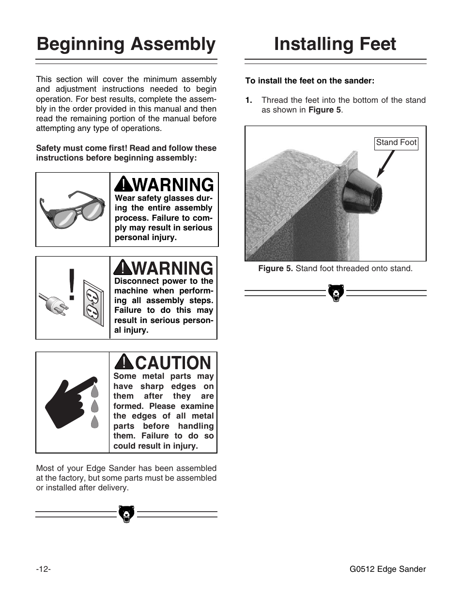 Installing feet beginning assembly | Grizzly G0512 User Manual | Page 14 / 44