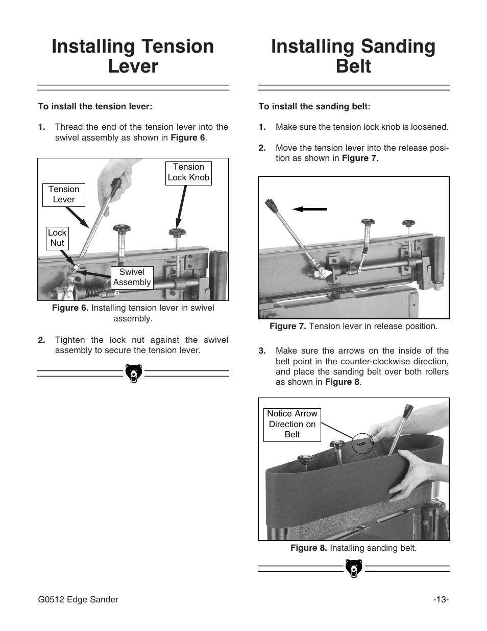 Installing sanding belt installing tension lever | Grizzly G0512 User Manual | Page 15 / 44