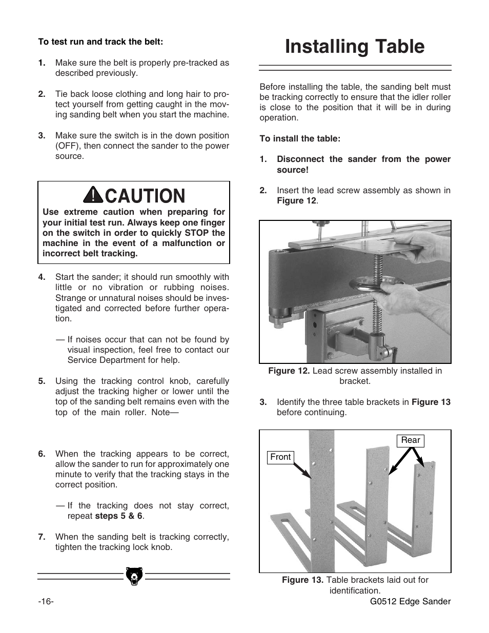Installing table | Grizzly G0512 User Manual | Page 18 / 44