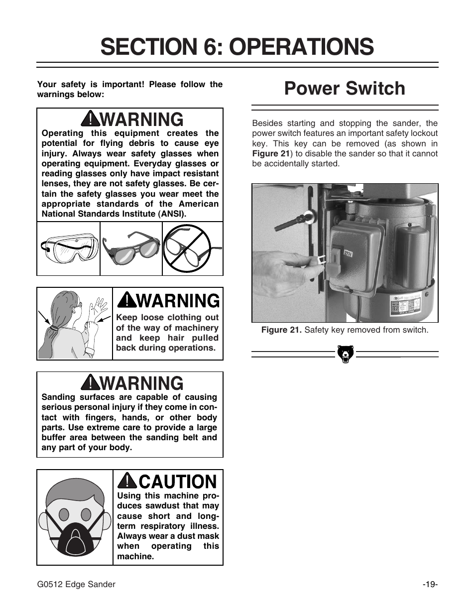 Power switch | Grizzly G0512 User Manual | Page 21 / 44