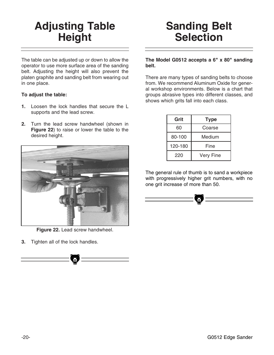 Sanding belt selection adjusting table height | Grizzly G0512 User Manual | Page 22 / 44
