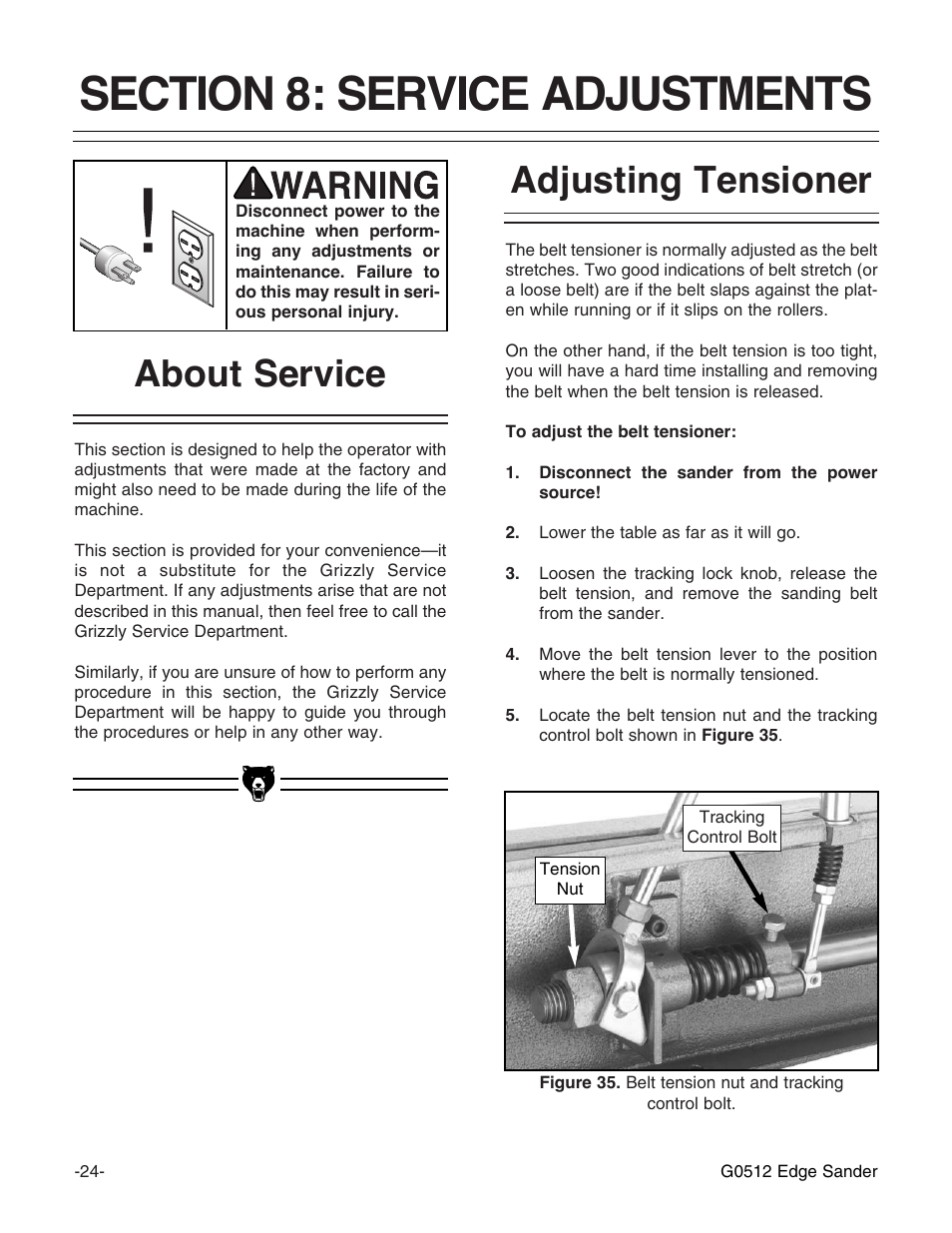 Adjusting tensioner about service | Grizzly G0512 User Manual | Page 26 / 44