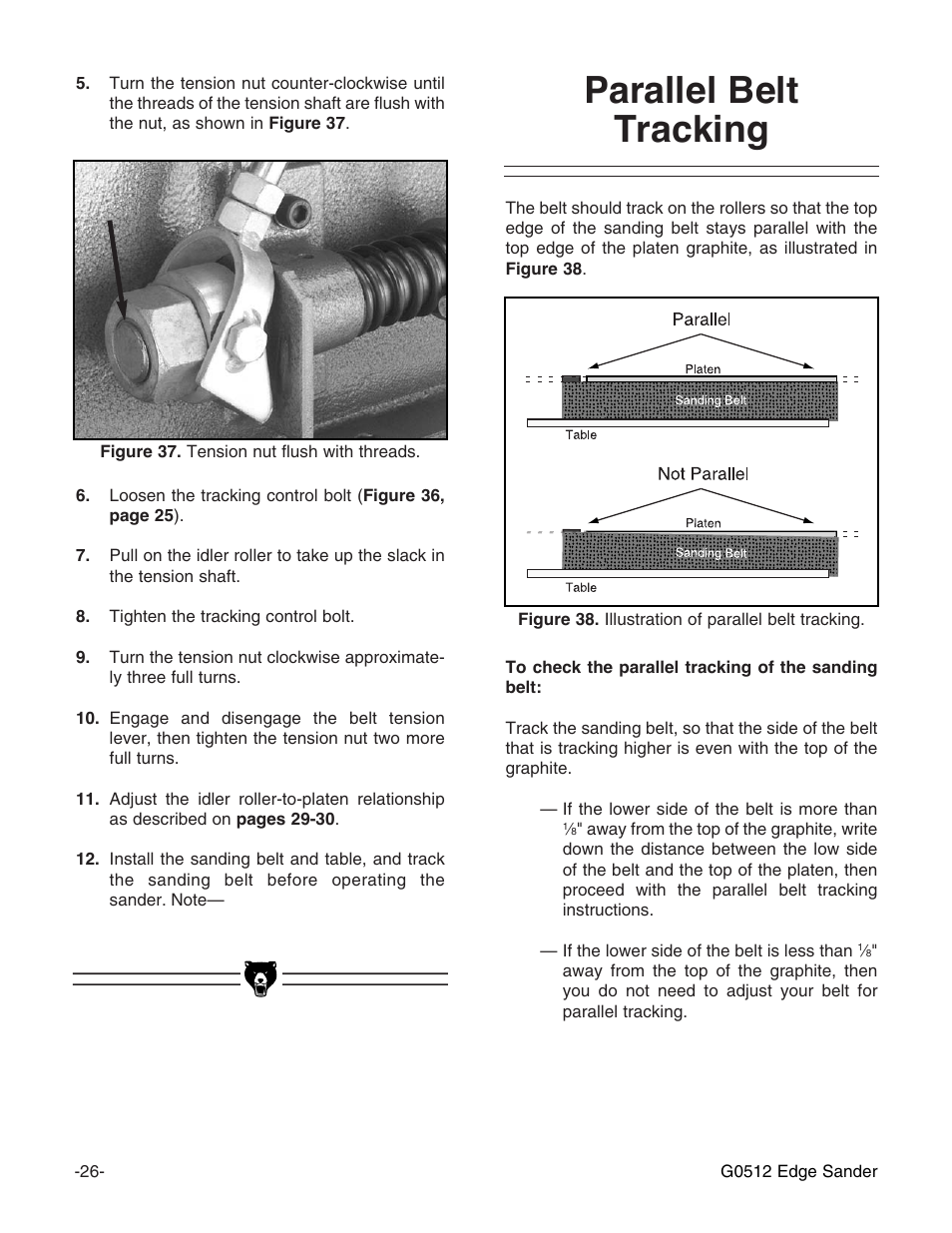 Parallel belt tracking | Grizzly G0512 User Manual | Page 28 / 44
