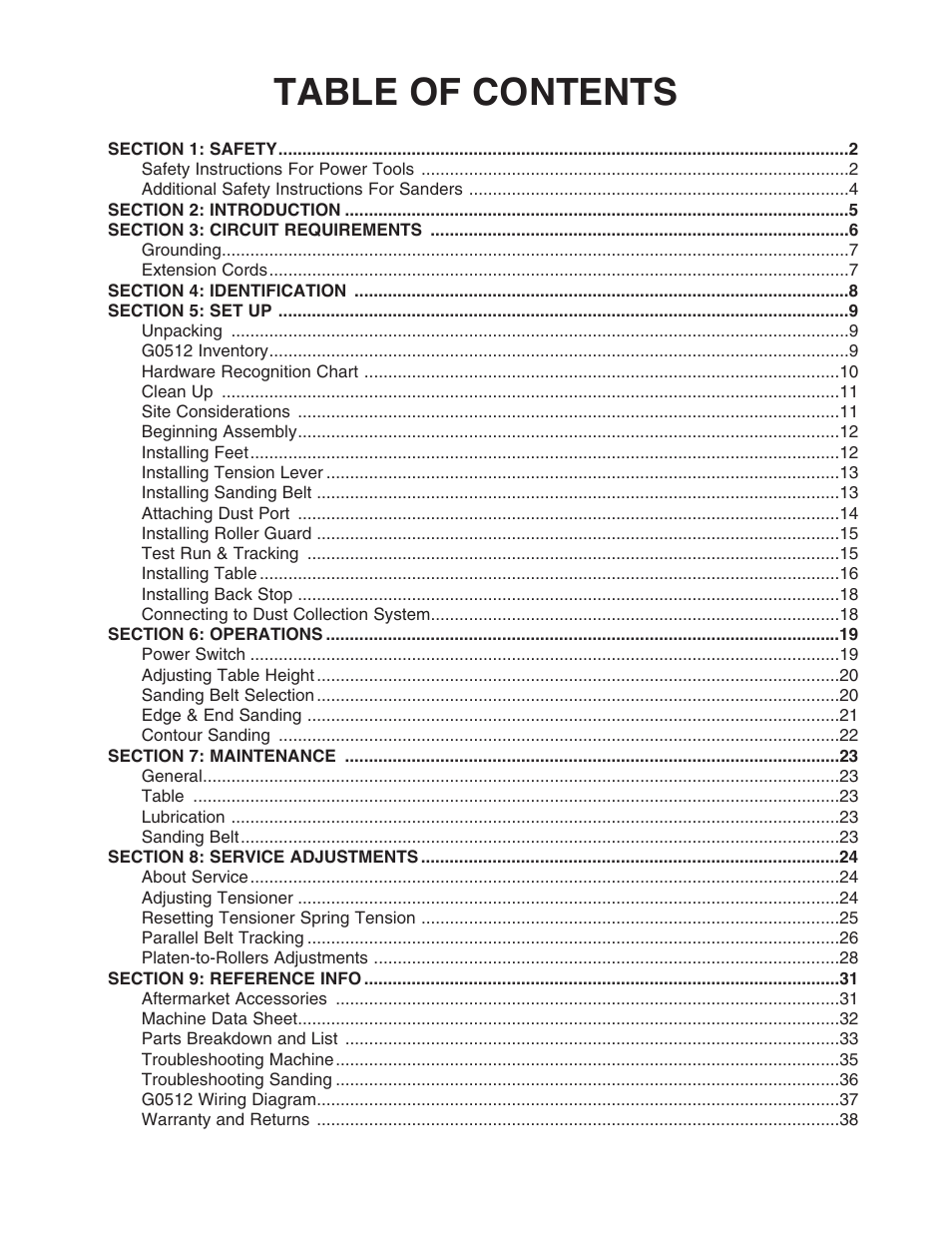 Grizzly G0512 User Manual | Page 3 / 44
