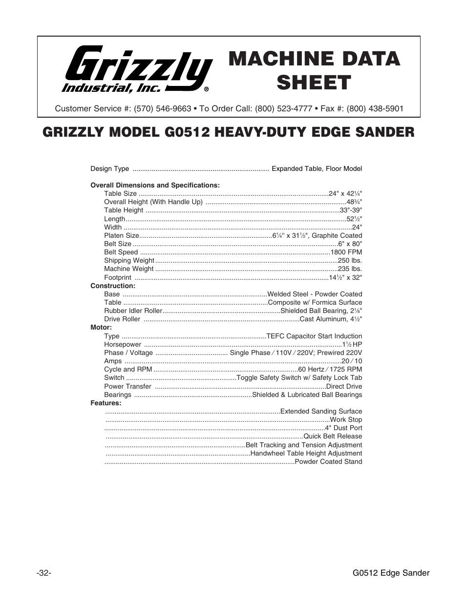 Machine data sheet, Grizzly model g0512 heavy-duty edge sander, G0512 edge sander | Grizzly G0512 User Manual | Page 34 / 44
