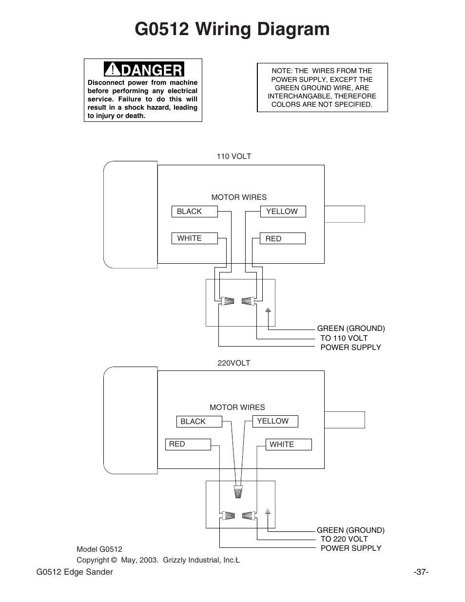 G0512 wiring diagram | Grizzly G0512 User Manual | Page 39 / 44