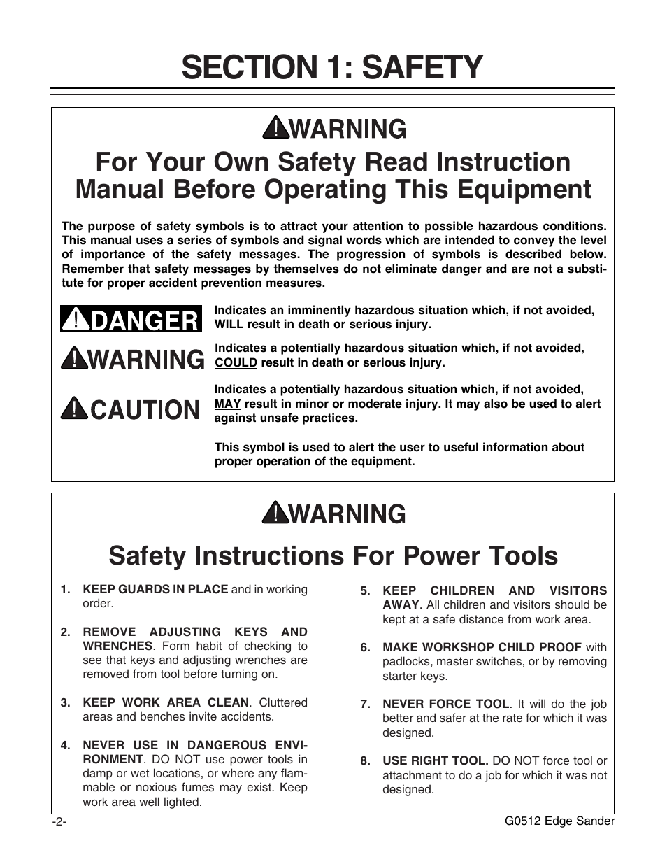 Notice safety instructions for power tools | Grizzly G0512 User Manual | Page 4 / 44