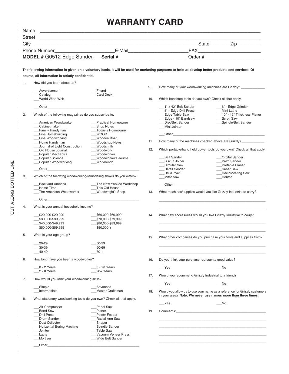 Warranty card, G0512 edge sander, Serial # _________________________ order | Cut along dotted line | Grizzly G0512 User Manual | Page 41 / 44