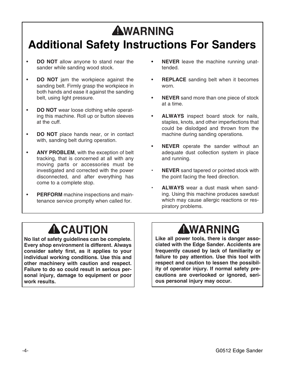 Additional safety instructions for sanders | Grizzly G0512 User Manual | Page 6 / 44