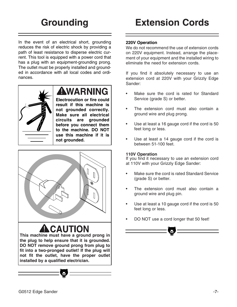 Extension cords grounding | Grizzly G0512 User Manual | Page 9 / 44