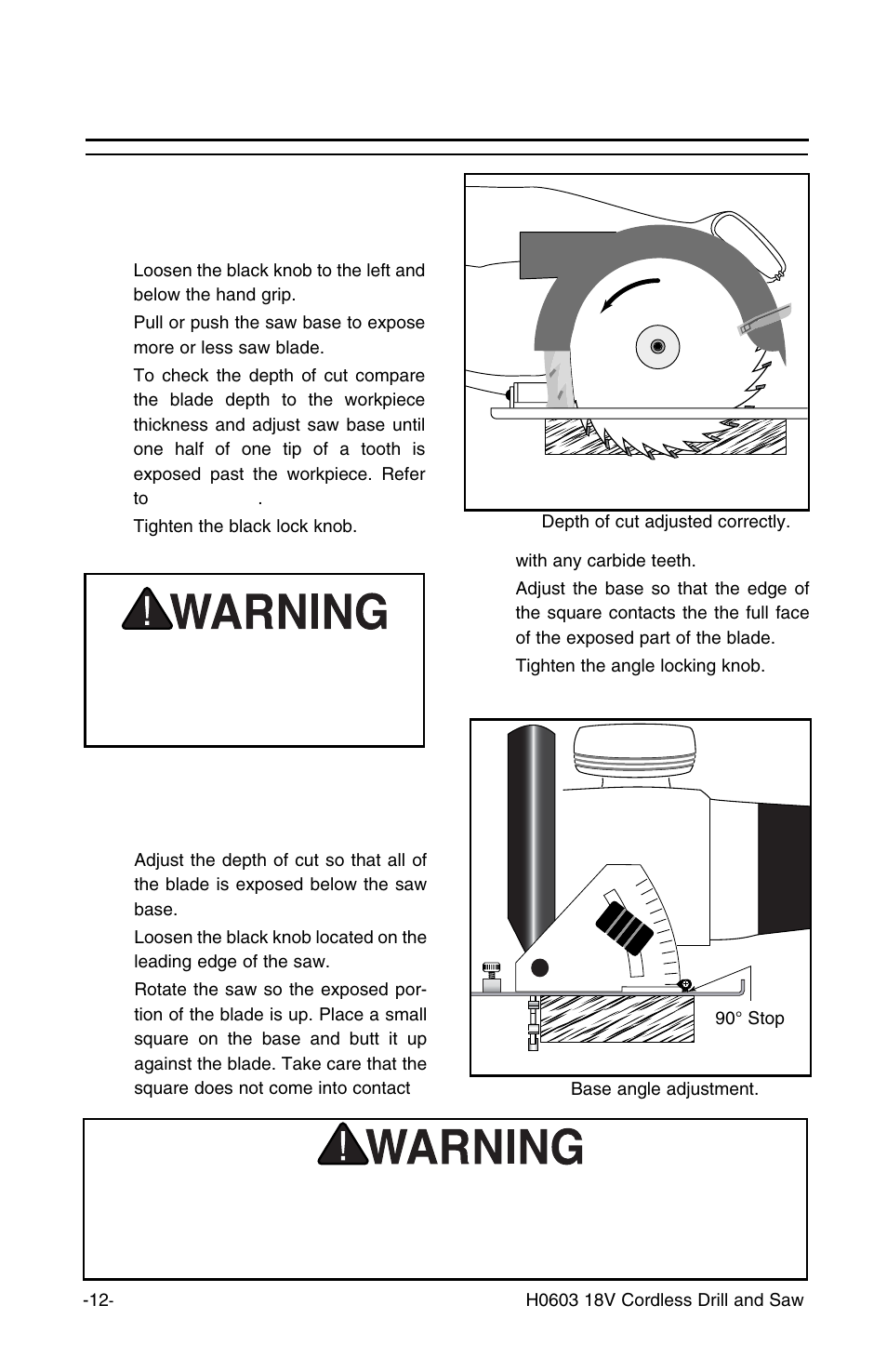 Saw operations, con’t, Cutting depth adjustment, Fine tuning angle of blade | Grizzly H0603 User Manual | Page 14 / 22