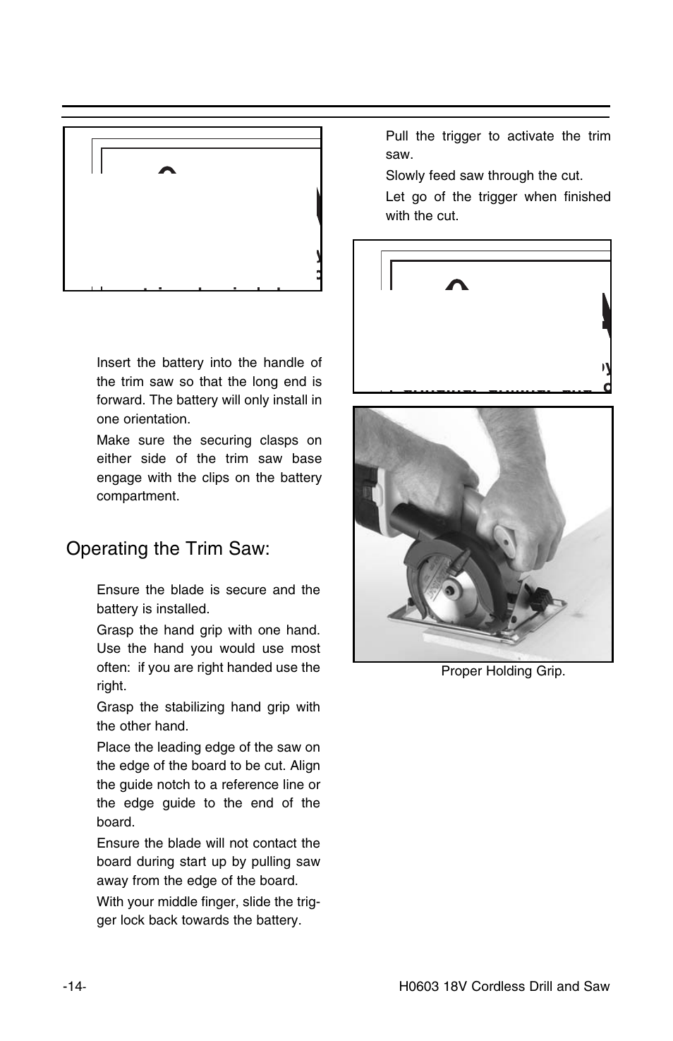 Saw operations, con’t, Operating the trim saw, Inserting battery into trim saw | Grizzly H0603 User Manual | Page 16 / 22