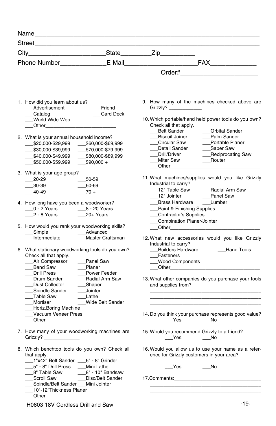 Warranty card, Name, Street | City, State, Phone number, E-mail, Model, Order | Grizzly H0603 User Manual | Page 21 / 22