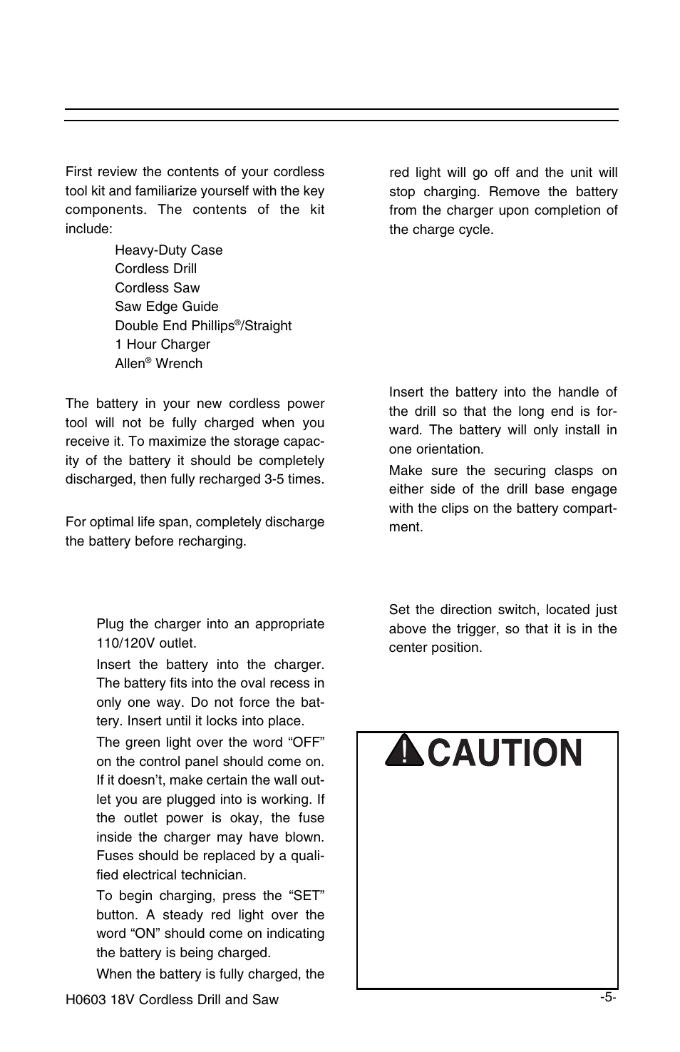 Drill operations, Getting started, Inserting battery into drill | Inserting and removing bits and drivers | Grizzly H0603 User Manual | Page 7 / 22