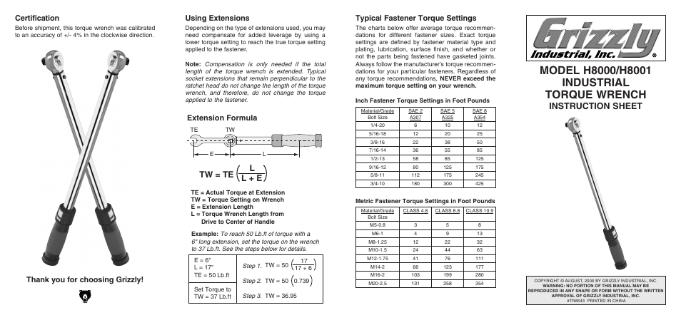 Grizzly Industrial Torque Wrench H8000 User Manual | 2 pages