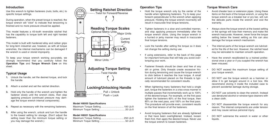 Introduction, Typical usage, Operation tips | Torque wrench care | Grizzly Industrial Torque Wrench H8000 User Manual | Page 2 / 2
