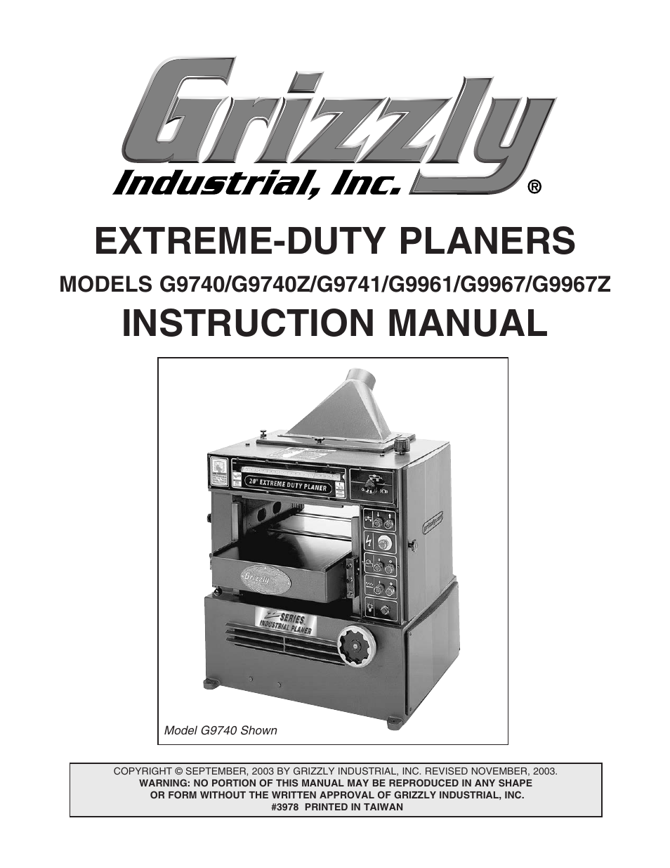 Grizzly Industrial Inc. Extreme-Duty Planners G9961 User Manual | 76 pages