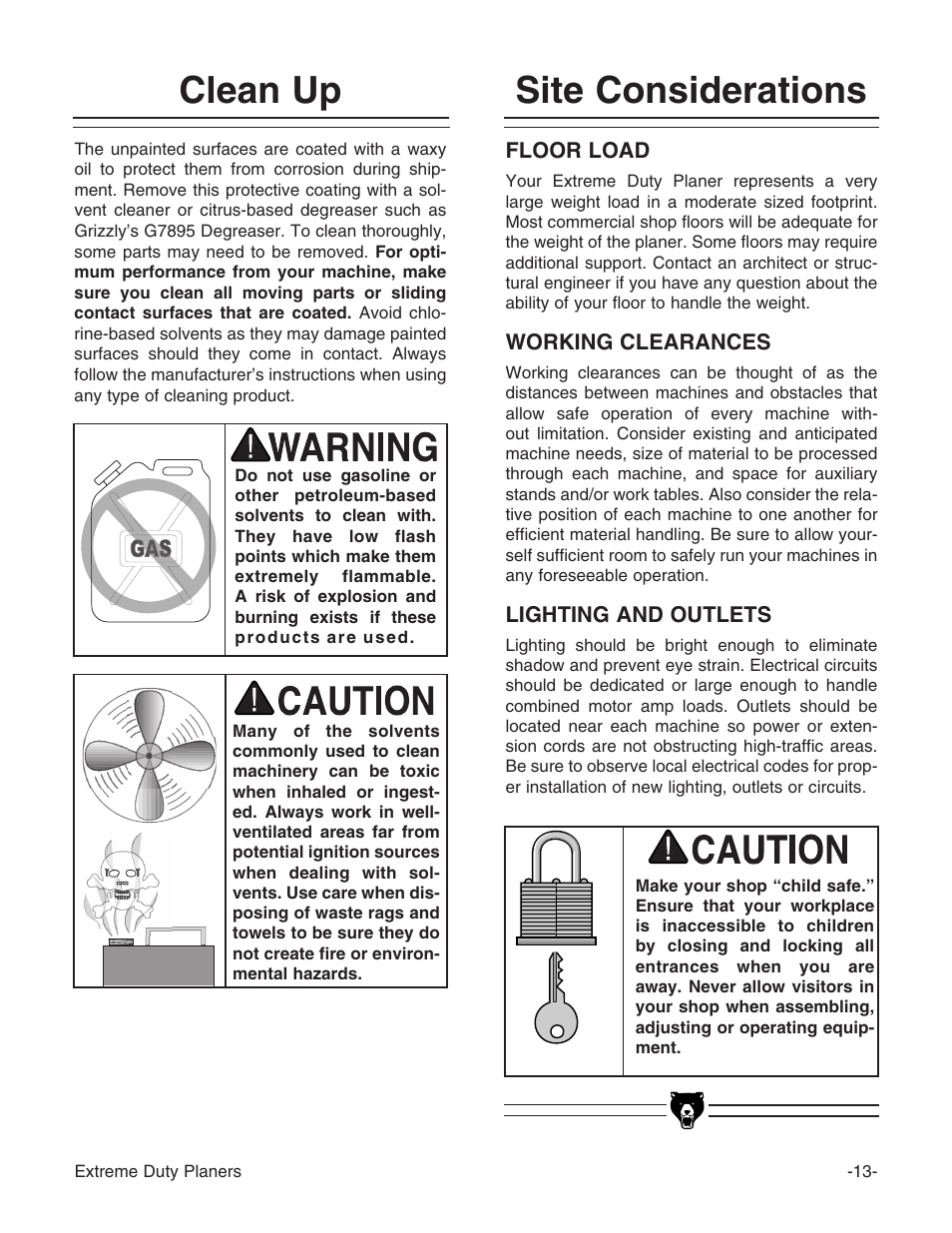 Site considerations, Clean up | Grizzly Industrial Inc. Extreme-Duty Planners G9961 User Manual | Page 15 / 76