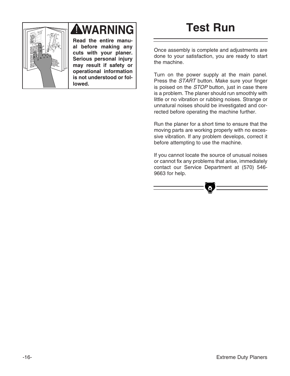 Test run | Grizzly Industrial Inc. Extreme-Duty Planners G9961 User Manual | Page 18 / 76