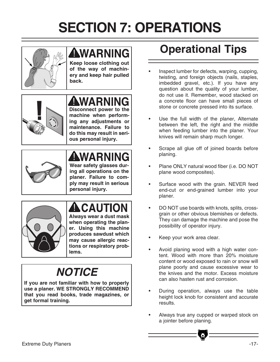 Notice, Operational tips | Grizzly Industrial Inc. Extreme-Duty Planners G9961 User Manual | Page 19 / 76