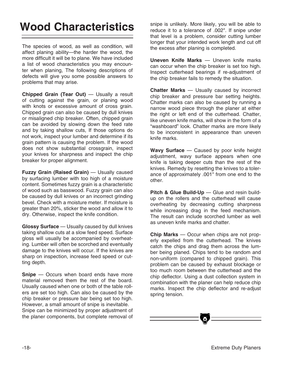 Wood characteristics | Grizzly Industrial Inc. Extreme-Duty Planners G9961 User Manual | Page 20 / 76