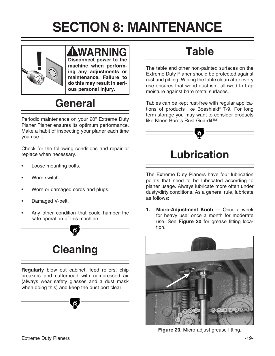 Lubrication, Table cleaning general | Grizzly Industrial Inc. Extreme-Duty Planners G9961 User Manual | Page 21 / 76