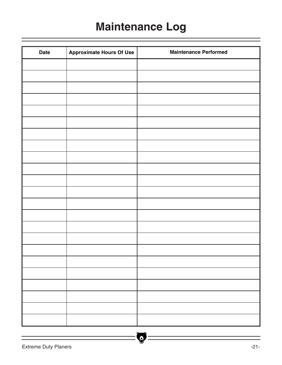 Maintenance log | Grizzly Industrial Inc. Extreme-Duty Planners G9961 User Manual | Page 23 / 76