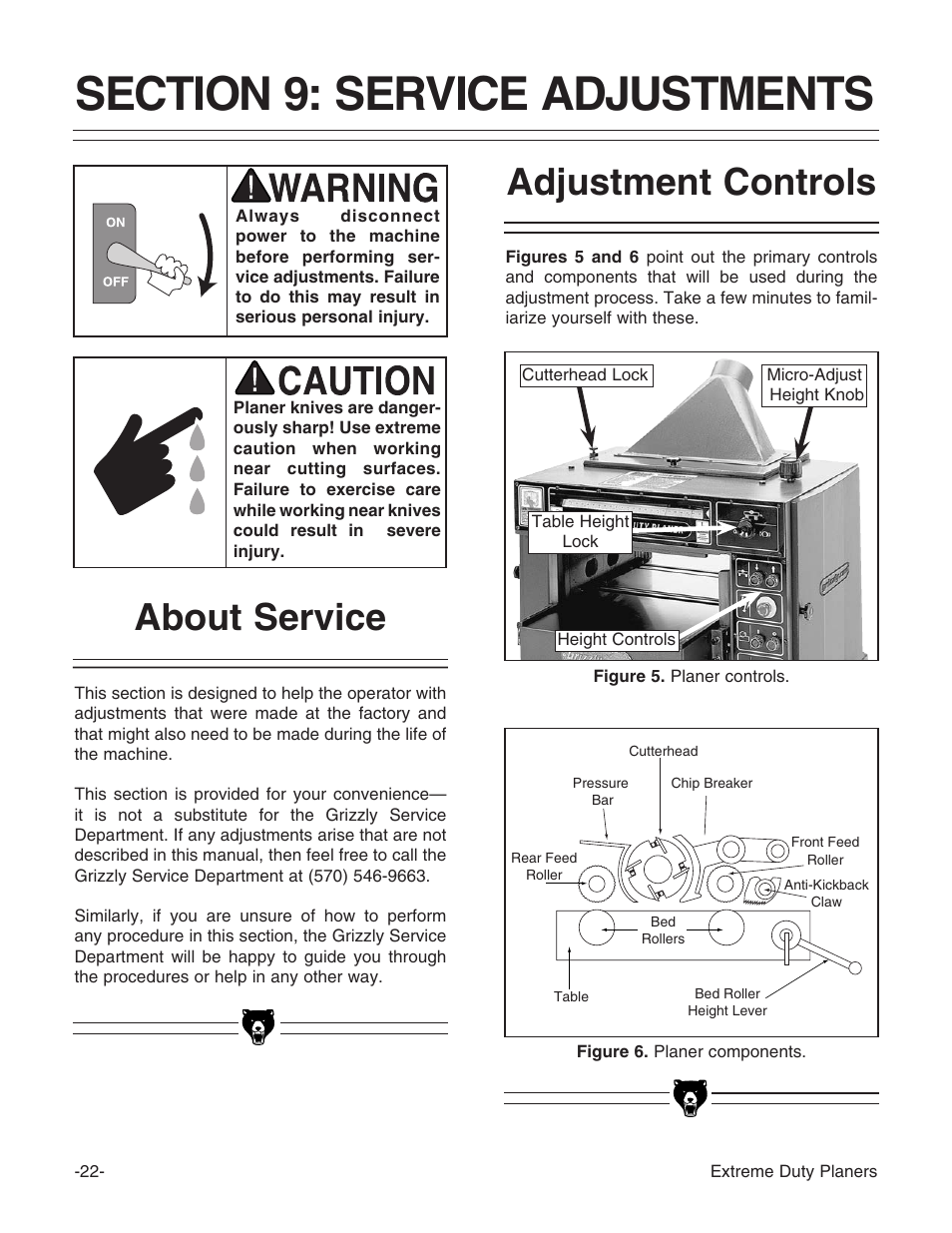 Adjustment controls, About service | Grizzly Industrial Inc. Extreme-Duty Planners G9961 User Manual | Page 24 / 76