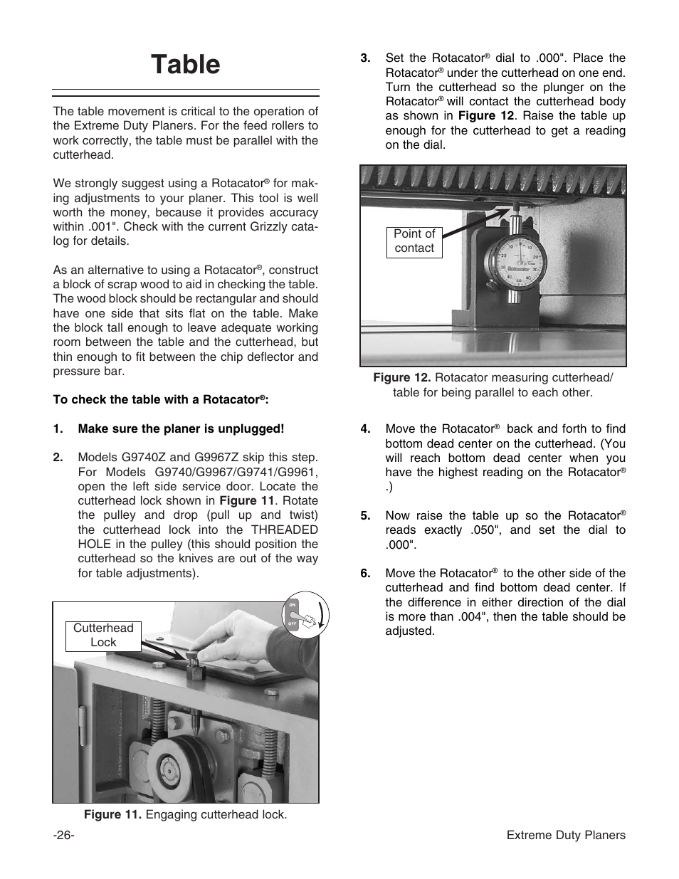 Table | Grizzly Industrial Inc. Extreme-Duty Planners G9961 User Manual | Page 28 / 76