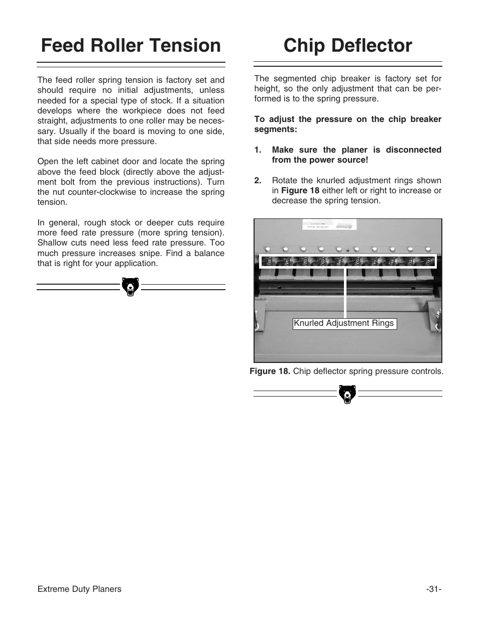 Chip deflector, Feed roller tension | Grizzly Industrial Inc. Extreme-Duty Planners G9961 User Manual | Page 33 / 76