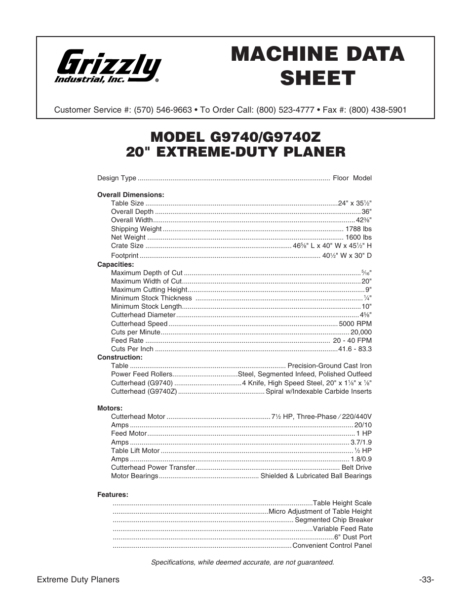 Machine data sheet | Grizzly Industrial Inc. Extreme-Duty Planners G9961 User Manual | Page 35 / 76