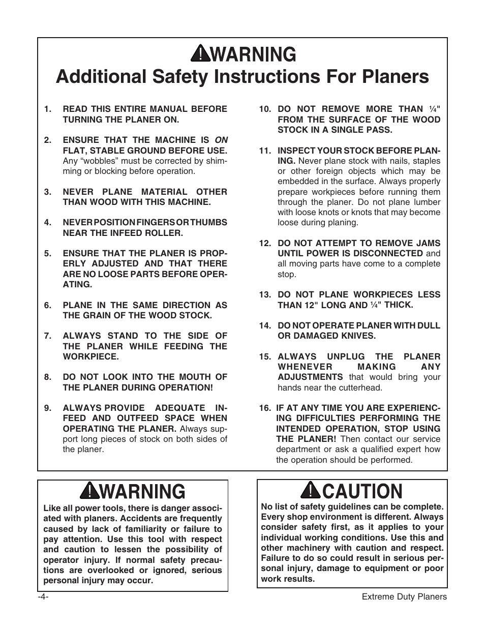 Additional safety instructions for planers | Grizzly Industrial Inc. Extreme-Duty Planners G9961 User Manual | Page 6 / 76