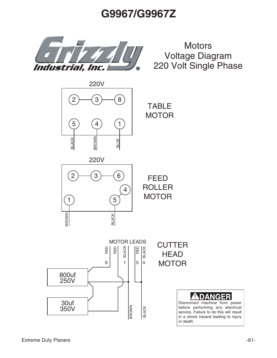 Motors voltage diagram 220 volt single phase, Table motor feed roller motor cutter head motor | Grizzly Industrial Inc. Extreme-Duty Planners G9961 User Manual | Page 63 / 76