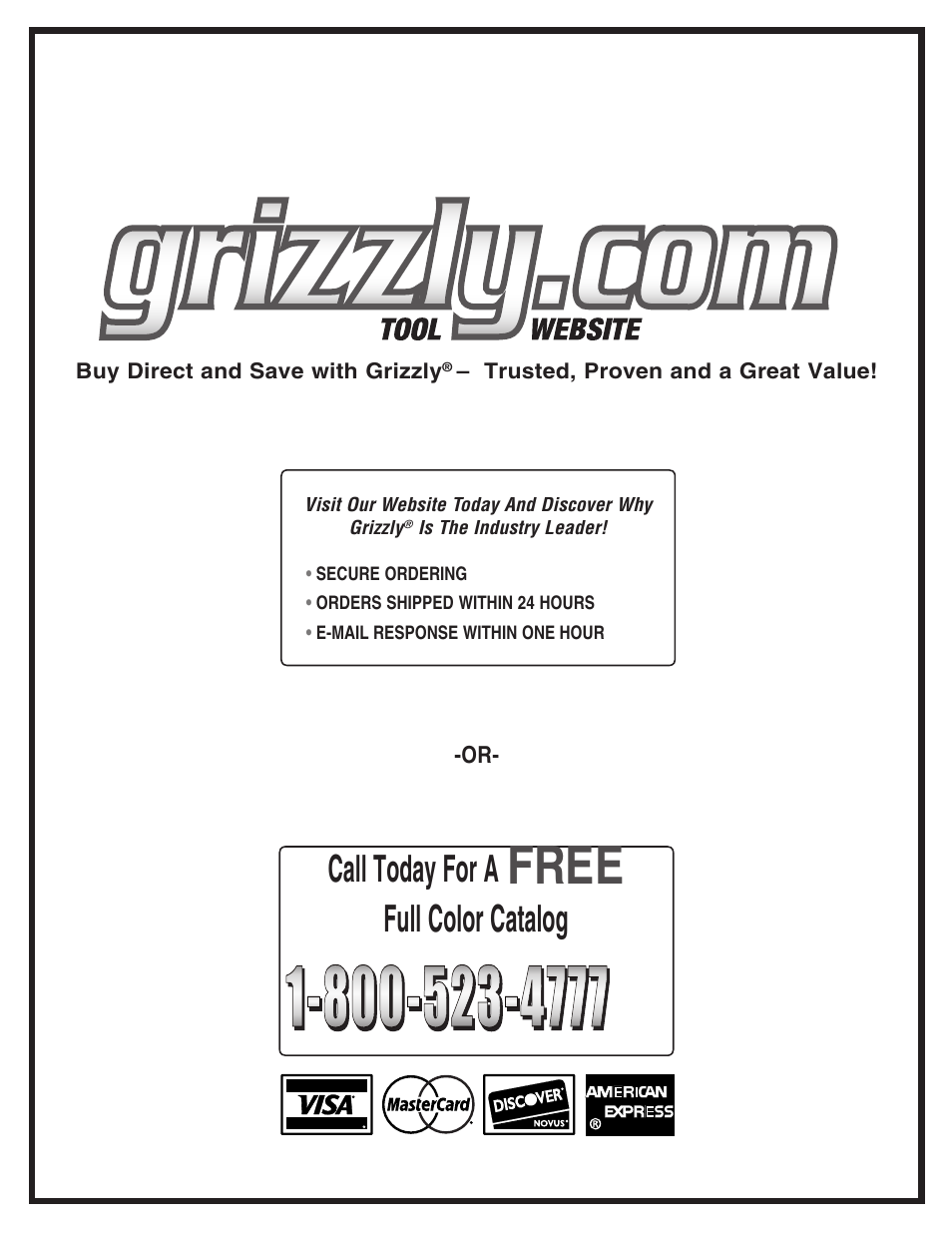 Free, Call today for a, Full color catalog | Grizzly Industrial Inc. Extreme-Duty Planners G9961 User Manual | Page 76 / 76