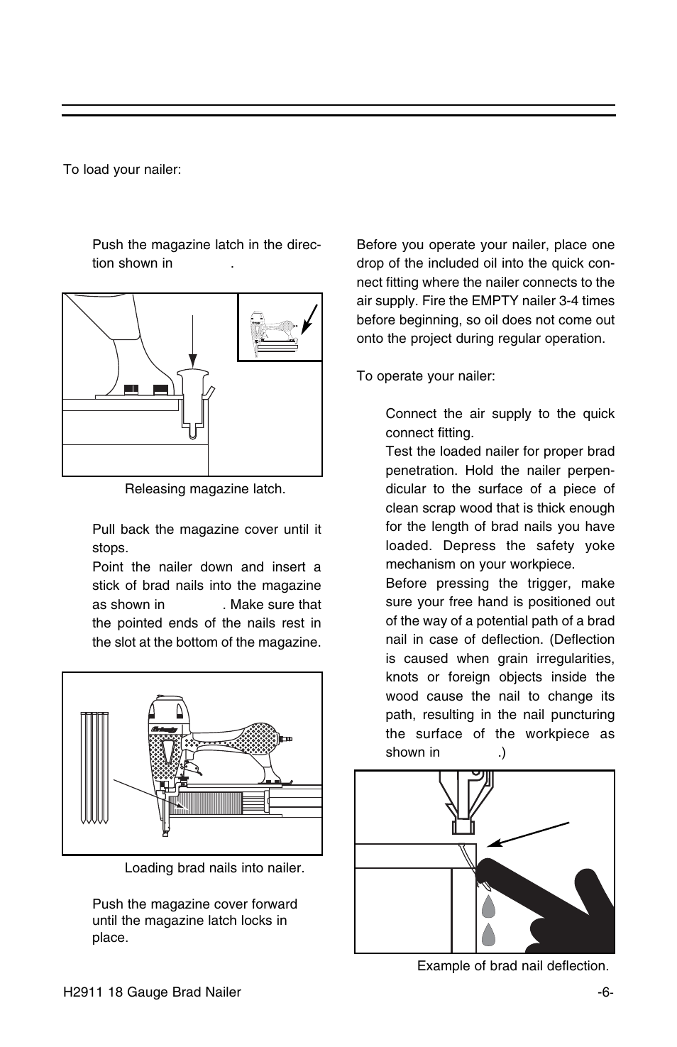 Operation, Loading nailer operating nailer | Grizzly H2911 User Manual | Page 7 / 16