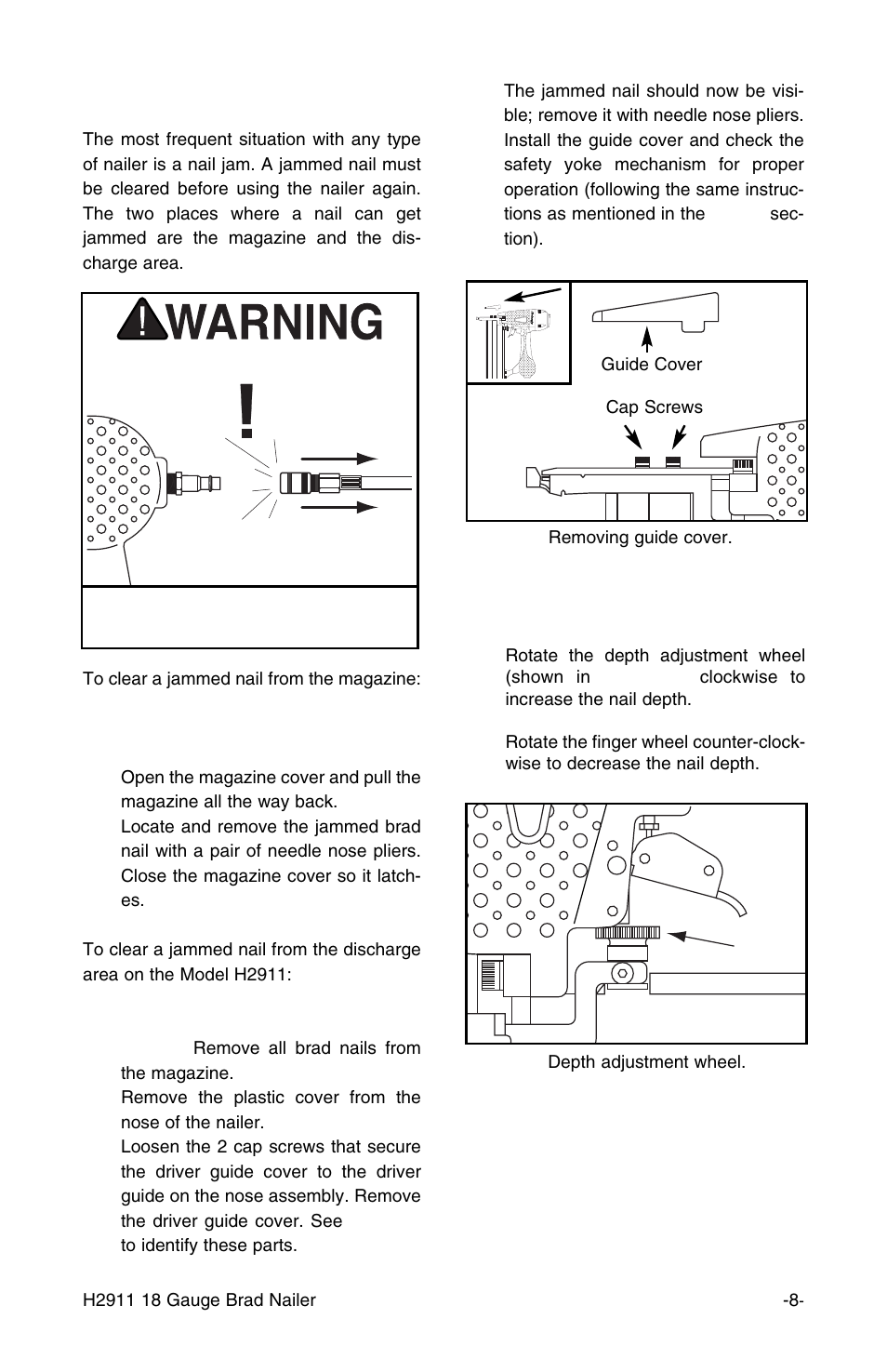 Clearing jammed nails, Depth adjustment | Grizzly H2911 User Manual | Page 9 / 16