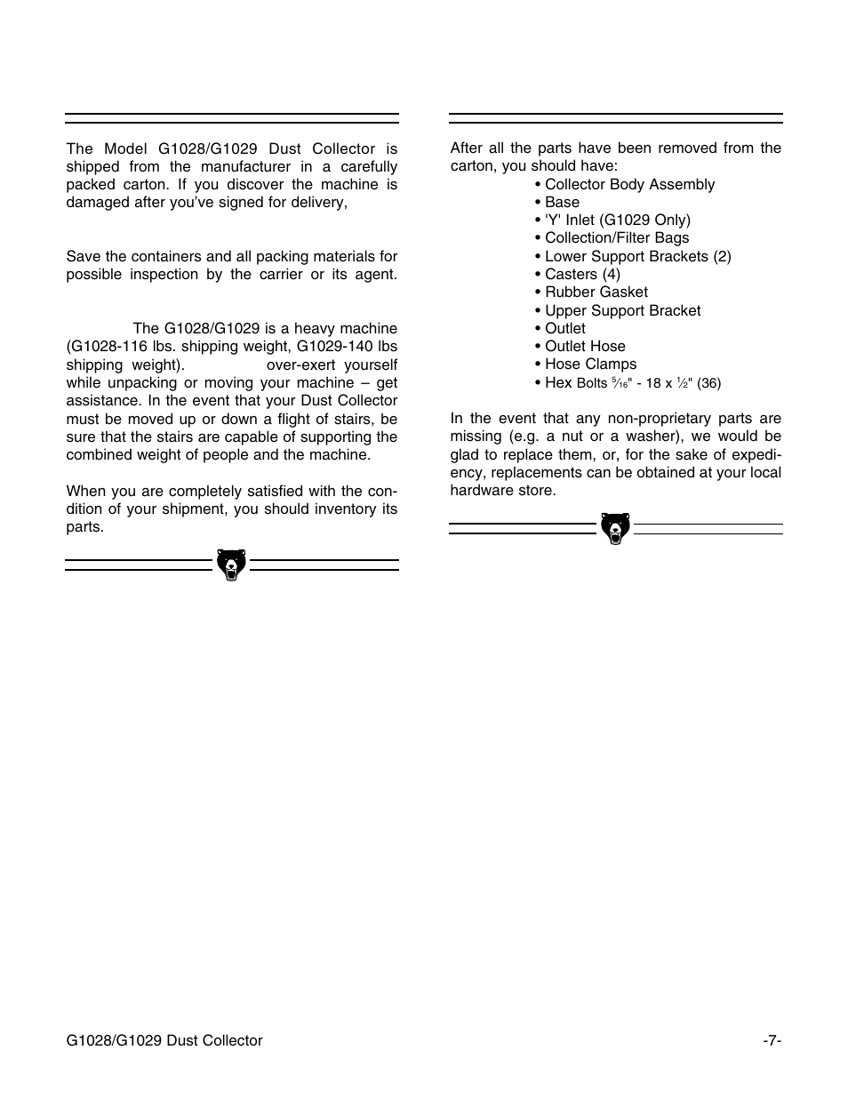 Unpacking, Piece inventory | Grizzly G1029 User Manual | Page 8 / 24