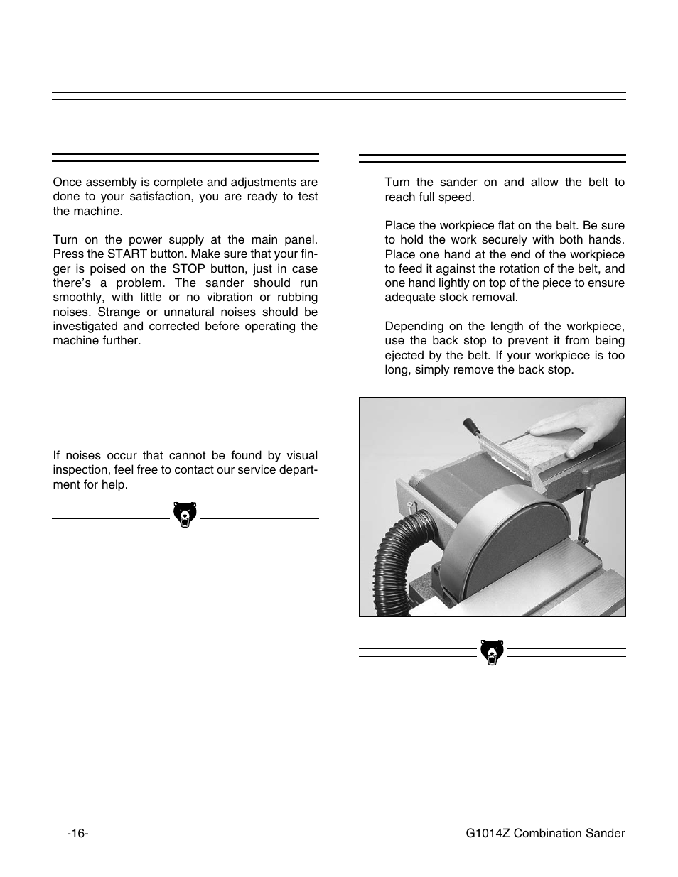 Horizontal sanding, Test run | Grizzly G1014Z User Manual | Page 18 / 27