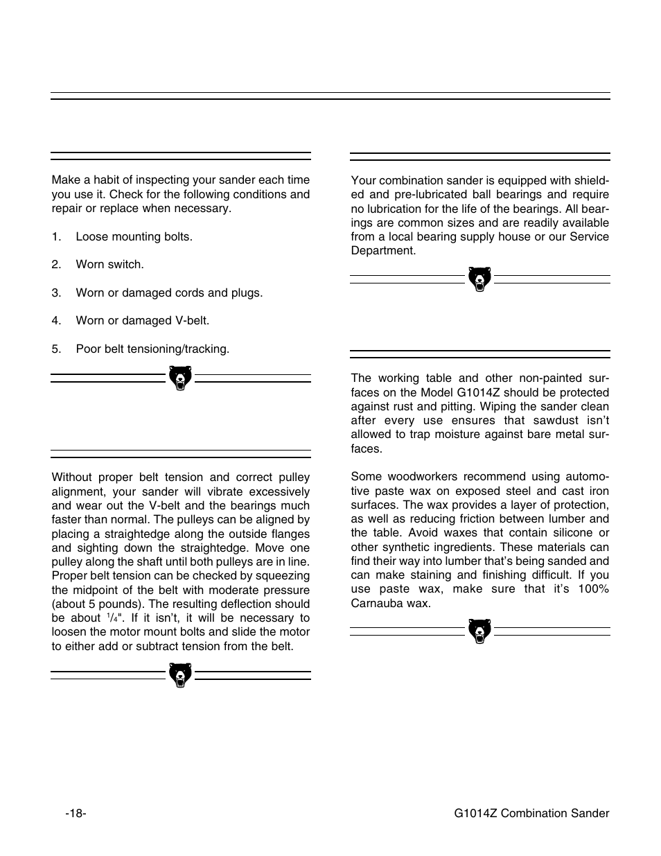 Lubrication v- belt, General table | Grizzly G1014Z User Manual | Page 20 / 27