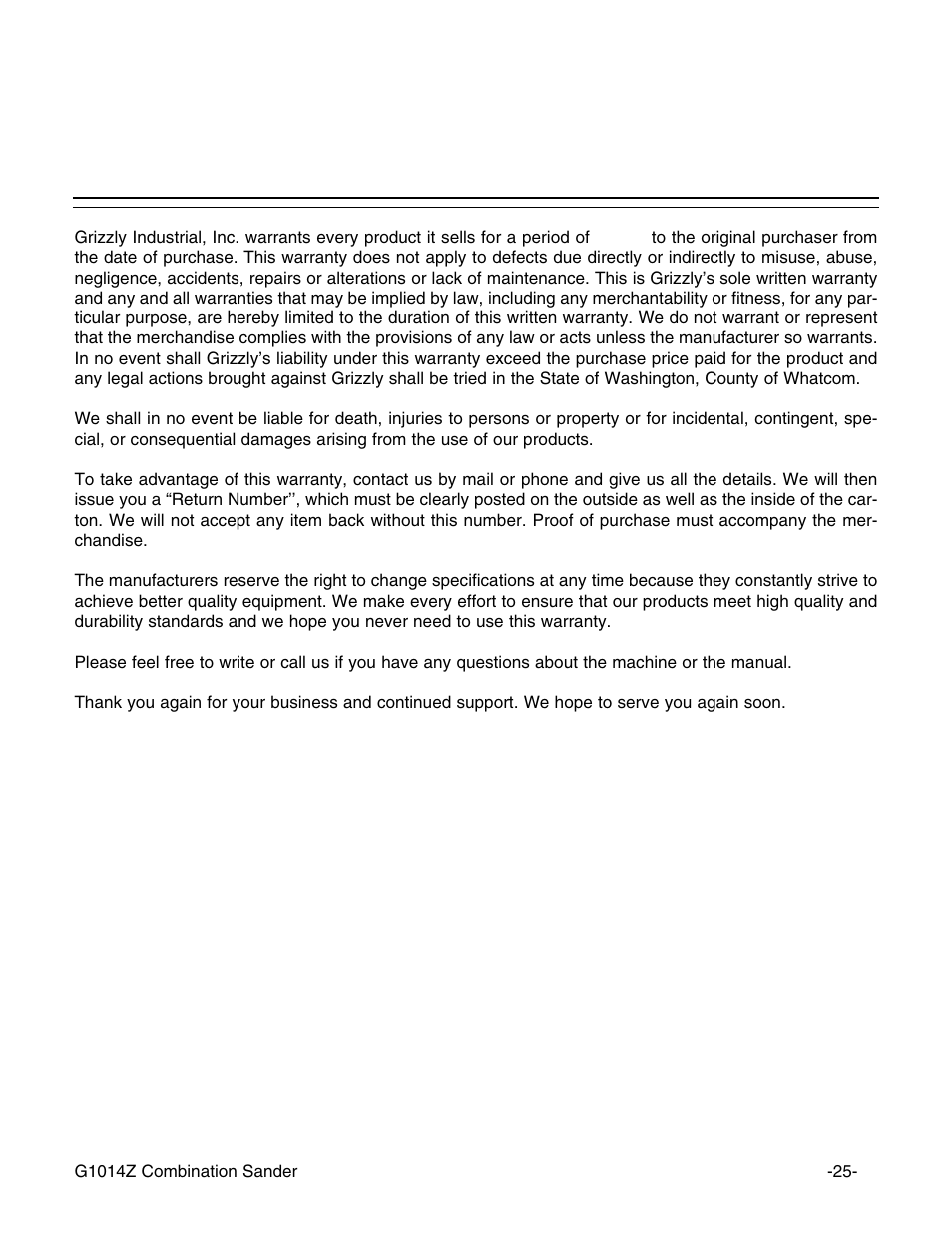Warranty and returns | Grizzly G1014Z User Manual | Page 27 / 27