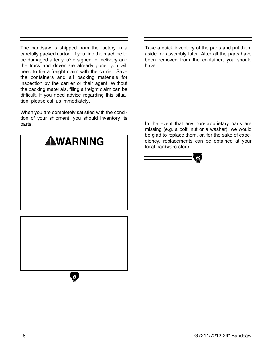 Unpacking, Parts inventory notice | Grizzly G7211 User Manual | Page 10 / 34