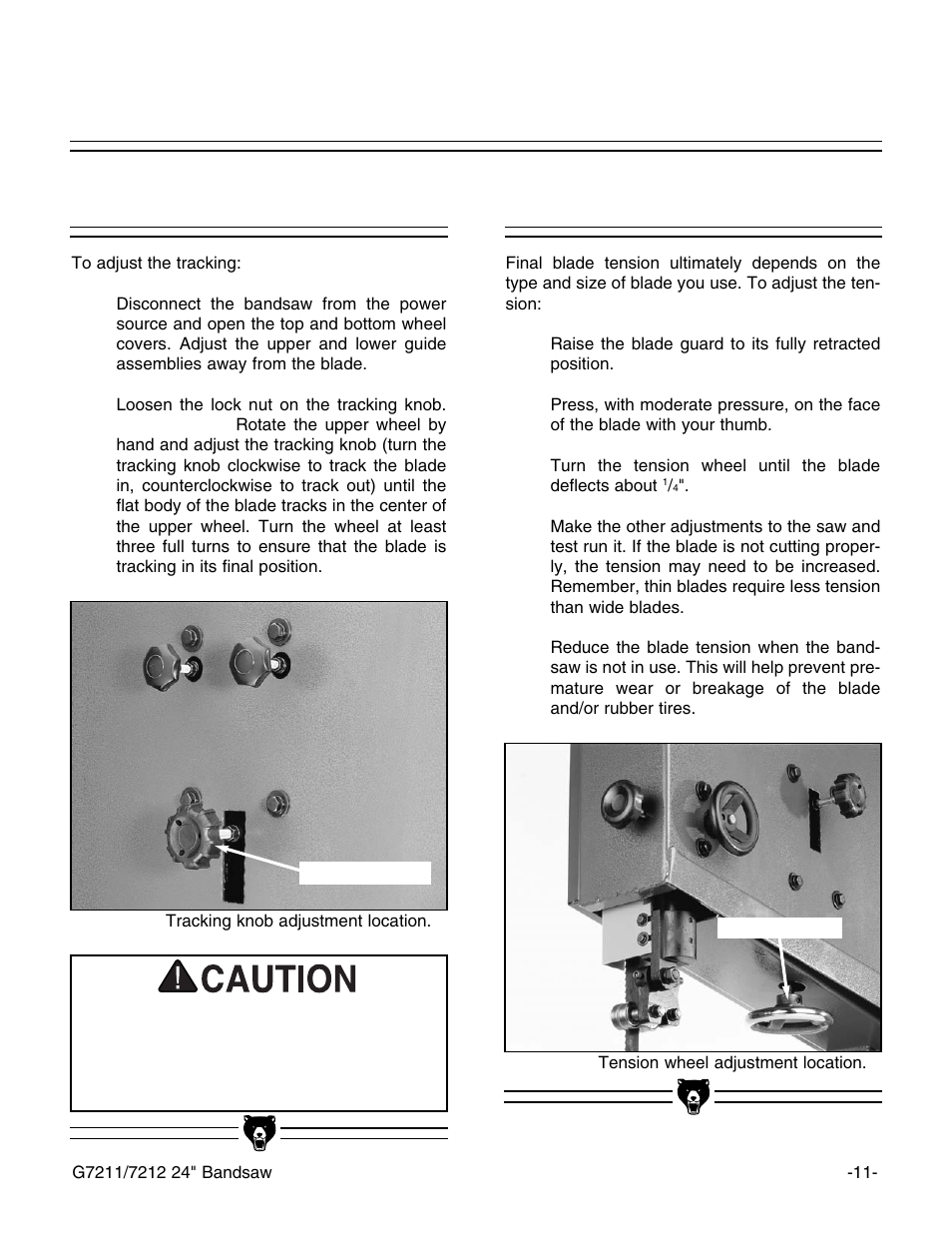 Tracking, Tension | Grizzly G7211 User Manual | Page 13 / 34