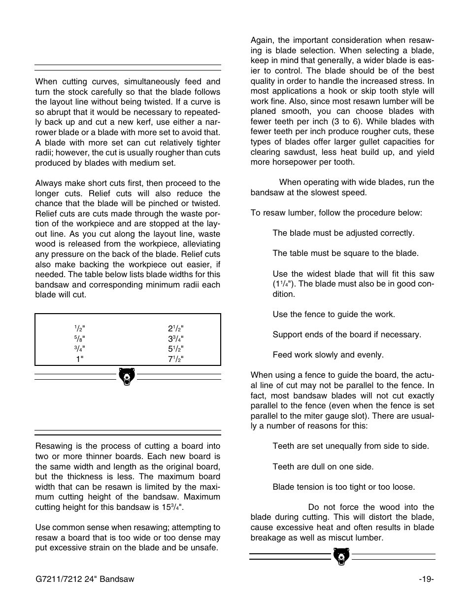 Cutting curves, Resawing | Grizzly G7211 User Manual | Page 21 / 34