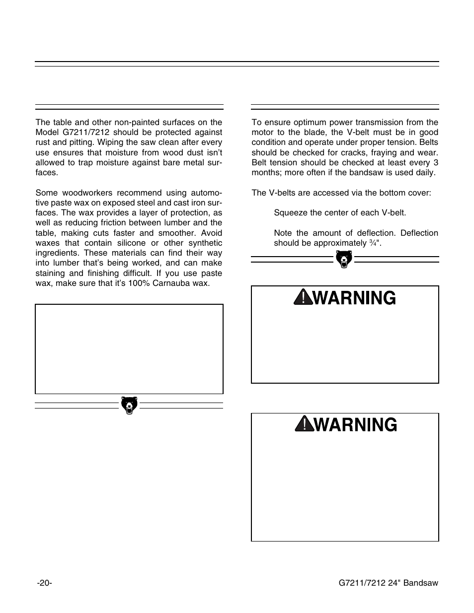 V-belts, Notice, Table | Grizzly G7211 User Manual | Page 22 / 34