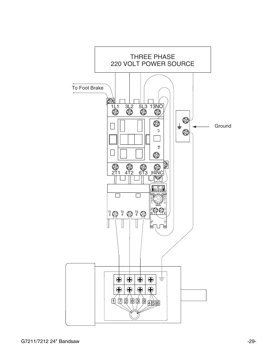 G7212 switch wire diagram, Motor, Three phase 220 volt power source | 13no | Grizzly G7211 User Manual | Page 31 / 34