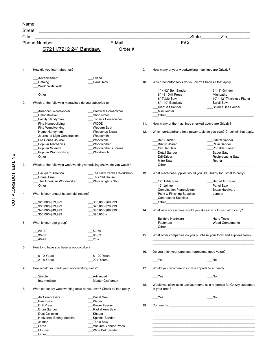 Warranty card, Order, Cut along dotted line | Grizzly G7211 User Manual | Page 33 / 34