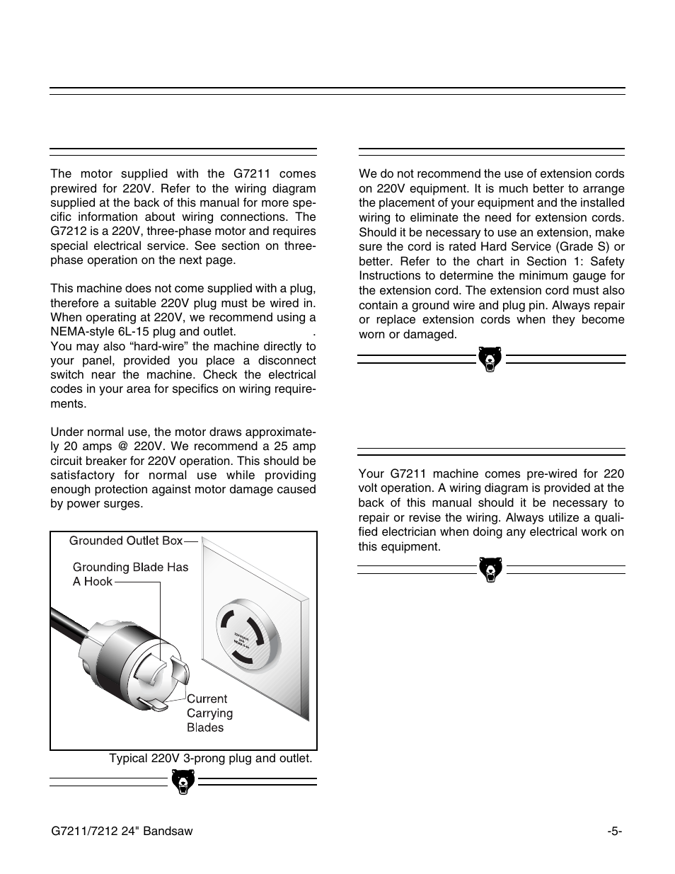 220v operation, Extension cords, Wiring diagram | Grizzly G7211 User Manual | Page 7 / 34